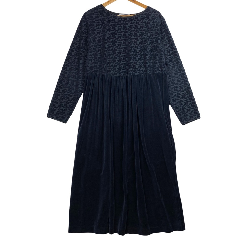 Vintage 90’s Floral Burnout Velour Long Sleeve Stretchy Smocked Maxi Dress Black - Picture 11 of 11